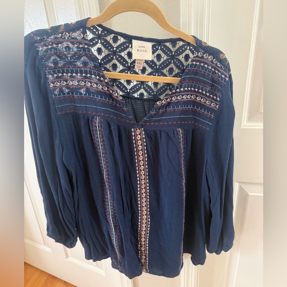 Knox Rose Blue Blouse with White and Red Embroidery